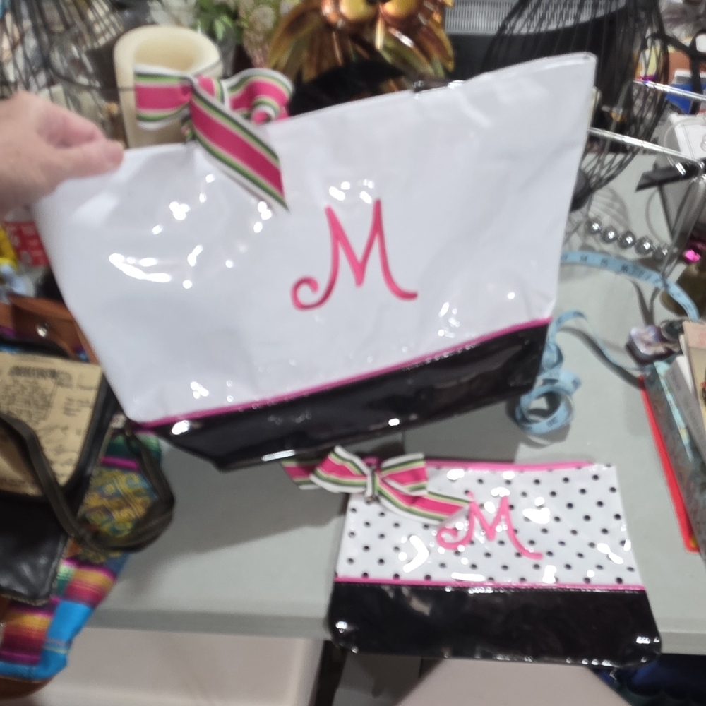 Stylish White and Black Tote Bag with Pink Monogram And Cosmetic Bag Included